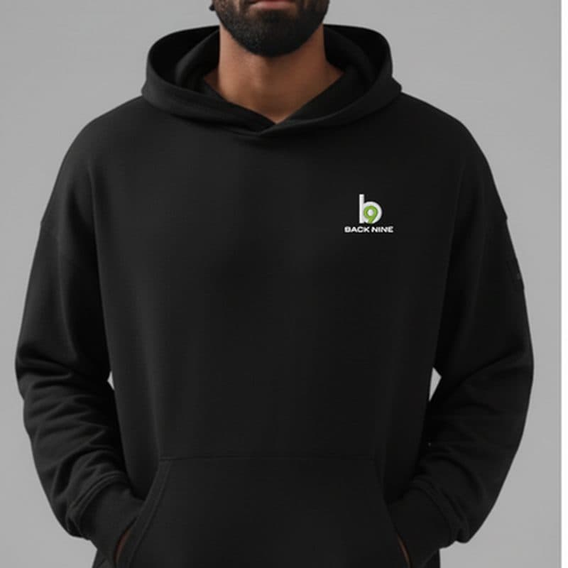 Back Nine Hoodie Sweatshirt, black, on model